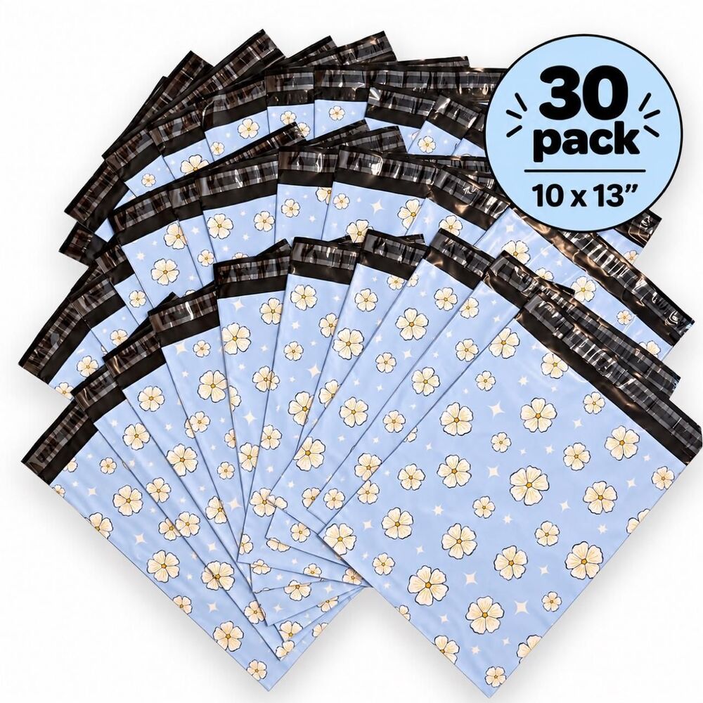 30 Pack Light Blue Floral Poly Mailers – 10” x 13”